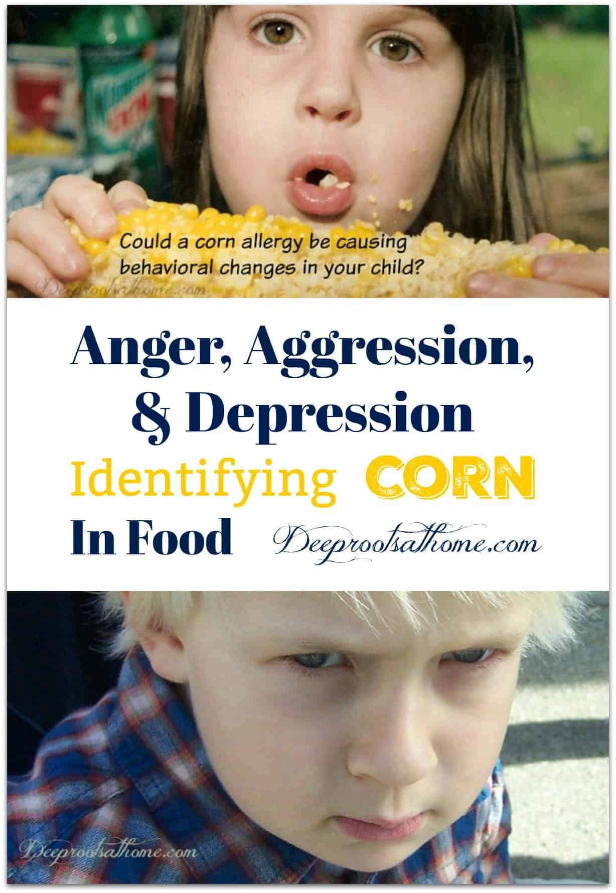 Anger, Aggression, Depression? Identifying Corn In Food. A 8 or 9 year old girl eating corn on the cob with pieces of corn stuck to her face. Also a young boy with a sullen, defiant expression.