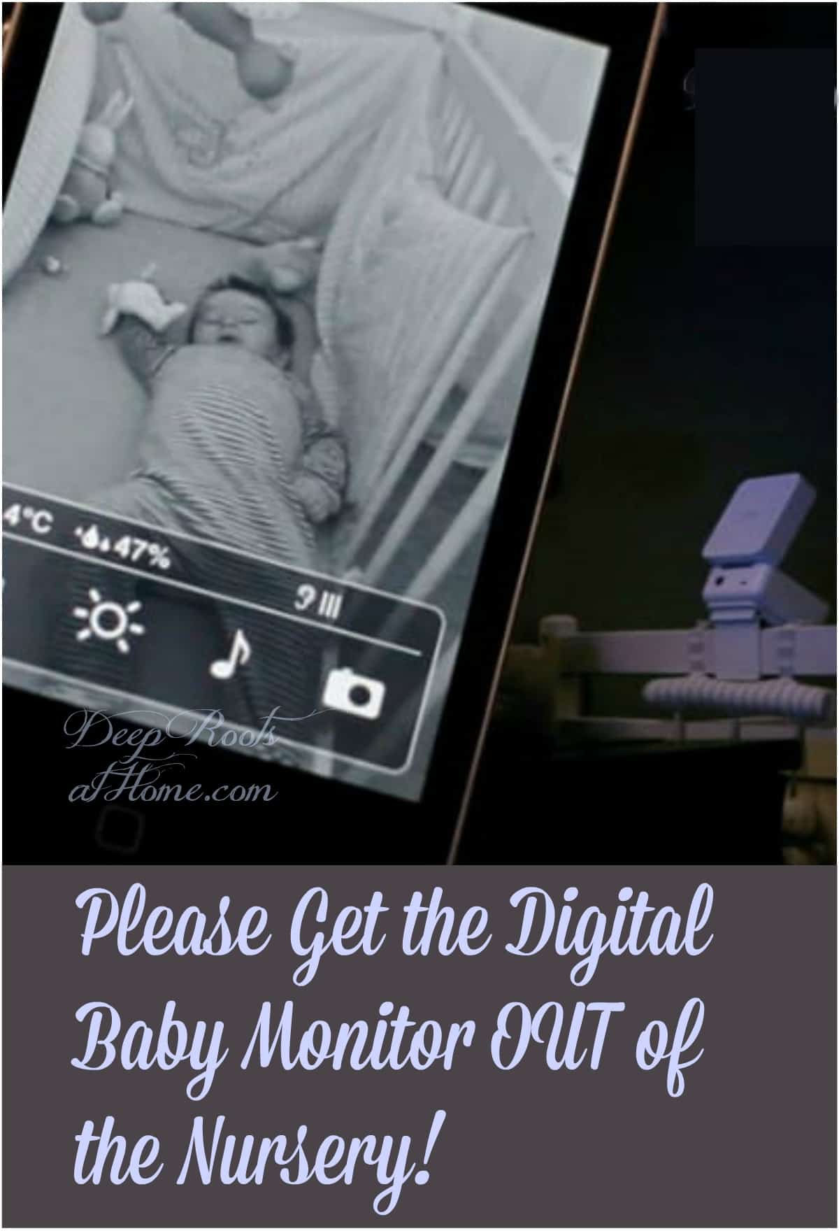 Get the Digital Baby Monitor OUT of the Nursery! An image of a sleeping baby in a dark room with blue light as seen on the digital baby monitor