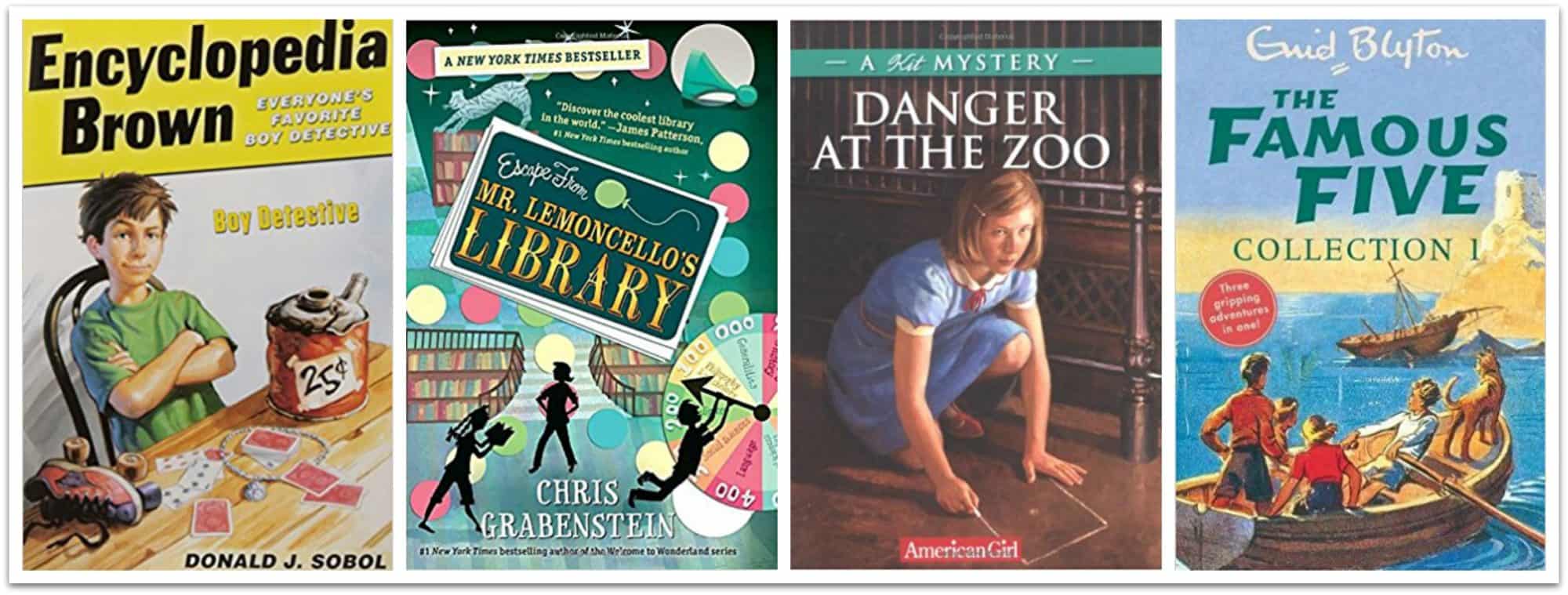 Encyclopedia Brown, the Famous Five Collection by Enid Blyton, American Girl Mystery, and Mr. Lemoncello's Library.