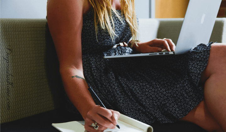 A New Way to Think About Cancer Treatment By Rhonda Devine. A young woman with her computer writing notes on what she has researched on cancer.