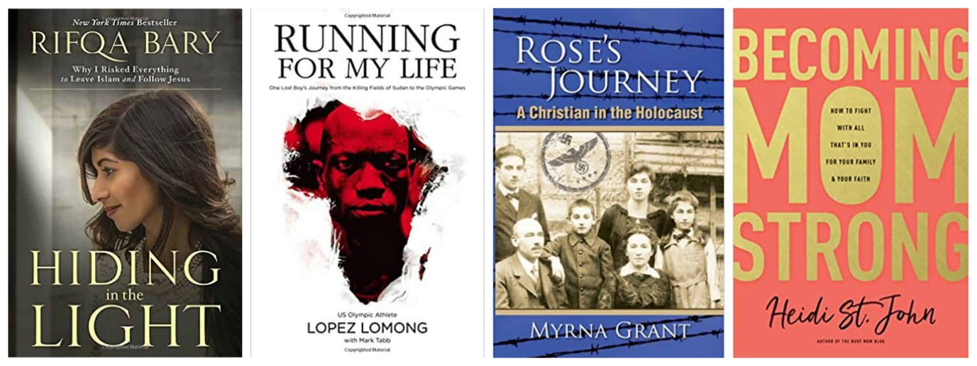 2018 Reading List: New and {Worthy To Be Revisited} Older Books. 4 book covers: Becoming MomStrong by Heidi St. John; Running for My Life, Killing Fields of Sudan by Lopez Lumong; Hiding In the Light by  Rifqa Bary; Rose's Journey by Myrna Grant.