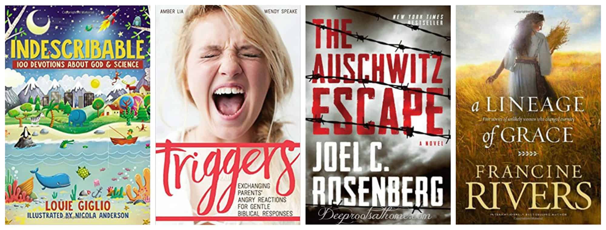 Summer Reading List: New and {Worthy To Be Revisited} Older Books. 4 book covers: The Auschwitz Escape by Joel C. Rosenberg; Indescribable: 100 Devotions for Kids by Louie Giglio; Triggers, Parents' Angry Reactions, Gentle Biblical Responses by Amber Lia and Lineage of Grace by Francine Rivers.