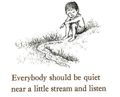 It's Not Dangerous For Kids To Be Bored Sometimes. Ruth Krauss quote, "Everybody should be quiet near a little stream and listen." Maurice Sendak illustration