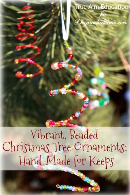 Vibrant, Beaded Christmas Tree Ornaments: Hand-Made For Keeps, fancy ornaments, homemade, handmade, cherish, favorite, colorful, small beads, seed beads, pony beads, kid-made, fun, homeschool, keeper, supplies, 16-gauge wire, card stock, cone-shaped, styrofoam cone form, larger beads, hold its shape, long, pipe cleaners, Christmas trees, beautiful ideas, beaded star, cross, technique, True Aim, Janine, Briton, blog, curriculum, preschooler, craft, homeschooling, homeschool, children, parenting, crafting, decorating, DIY, 