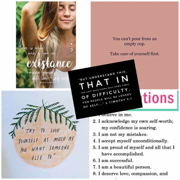 Self Love /Self Care: A Many-Faced Culture: A Young Woman's Warning. A collage of self-help teaching affirmations and self-love memes.