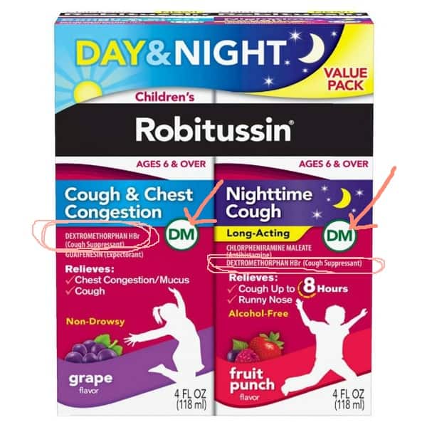 Robitussin Night time cough suppressant with dextromethorphan DM for kids.