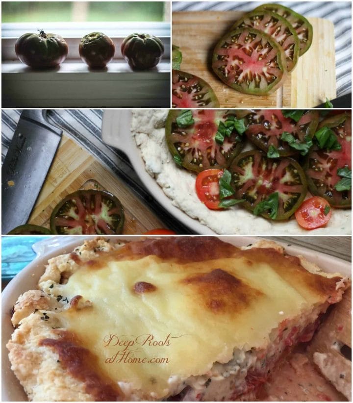 Olivia's Tomato Pie: Savory, Cheesy Summertime Favorite. A collage of steps taken to make this colorful summertime tomato pie.