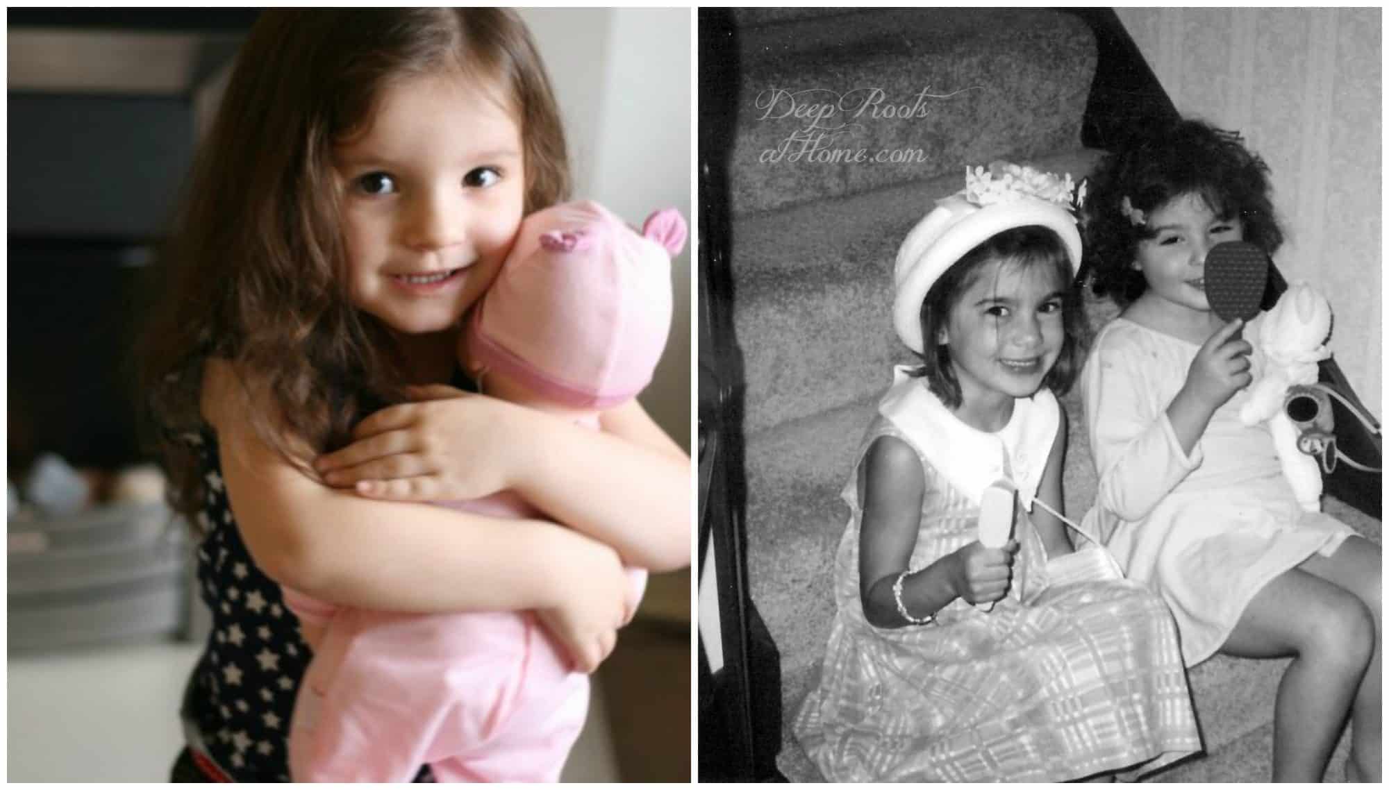 A little girl with baby doll and Two 6 year old girls playing dress-up