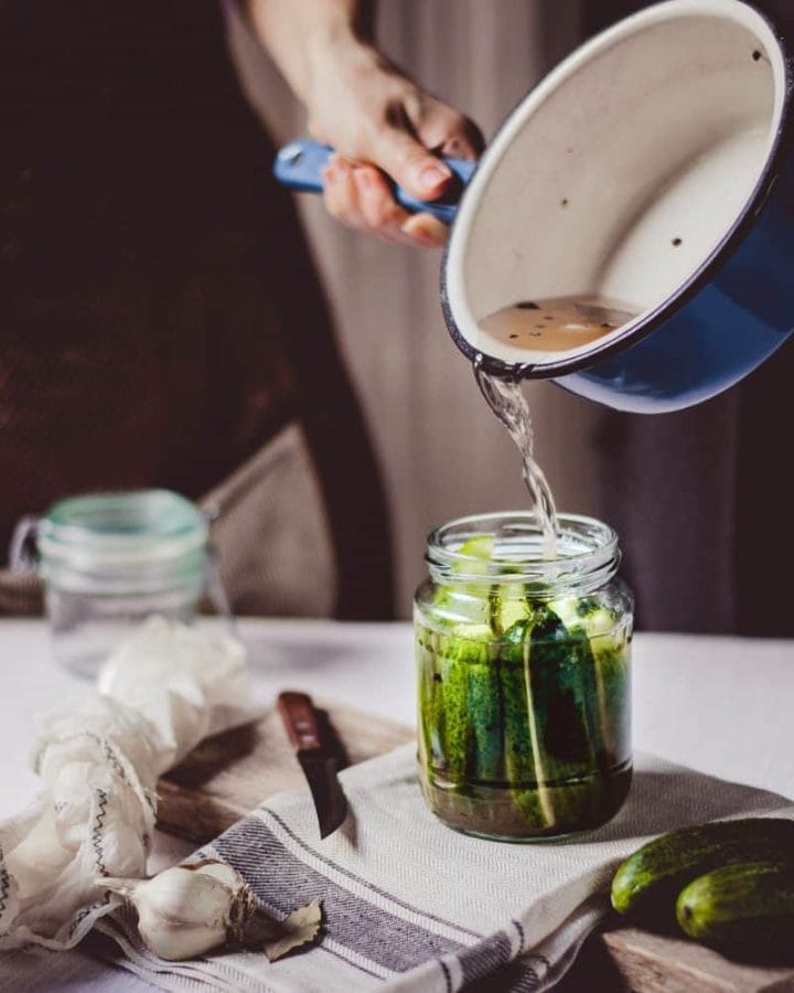 Making Refrigerator Pickles: Easy! No Canning, No Fermenting! pouring brine