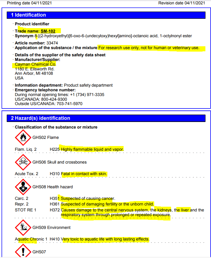 Does this Hidden Ingredient in the Moderna Vaccine Affect Fertility? safety data sheet